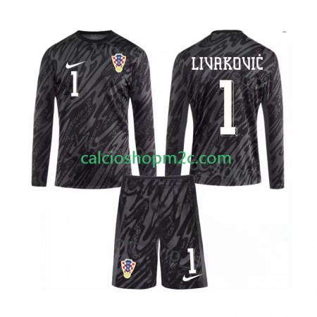 Croazia DOMINIK LIVAKOVIC 1 Portiere Bambino Maglia Terza 2024 Manica Lunga (+ Pantaloncini)